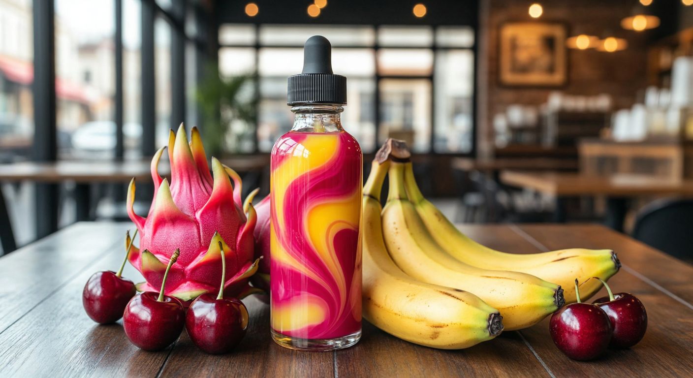 A vibrant glass bottle of e-liquid with swirling pink, yellow, and red hues, surrounded by fresh dragon fruit, ripe bananas, and juicy cherries on a wooden table in a cozy Turkish café.