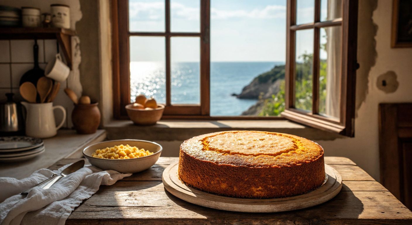 A golden-brown corn cake (mısır pastası) sits on a rustic wooden table in a cozy kitchen in Sinop, with a view of the Black Sea through the window.