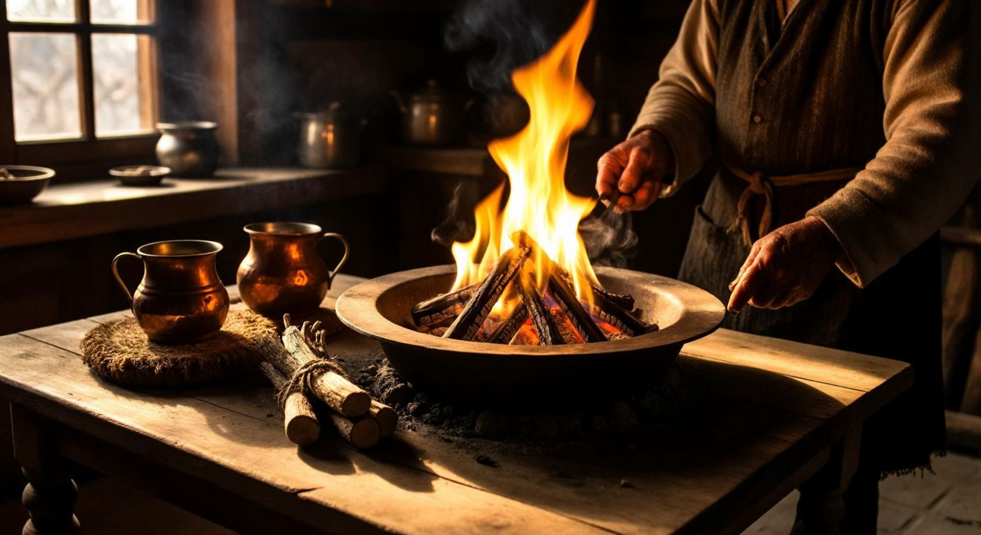A rustic wooden table in a cozy Turkish village home holds a crackling fire in a stone hearth, surrounded by bundles of dry kindling and a steaming copper pot of çay, with warm light casting shadows on weathered hands tending the flames.