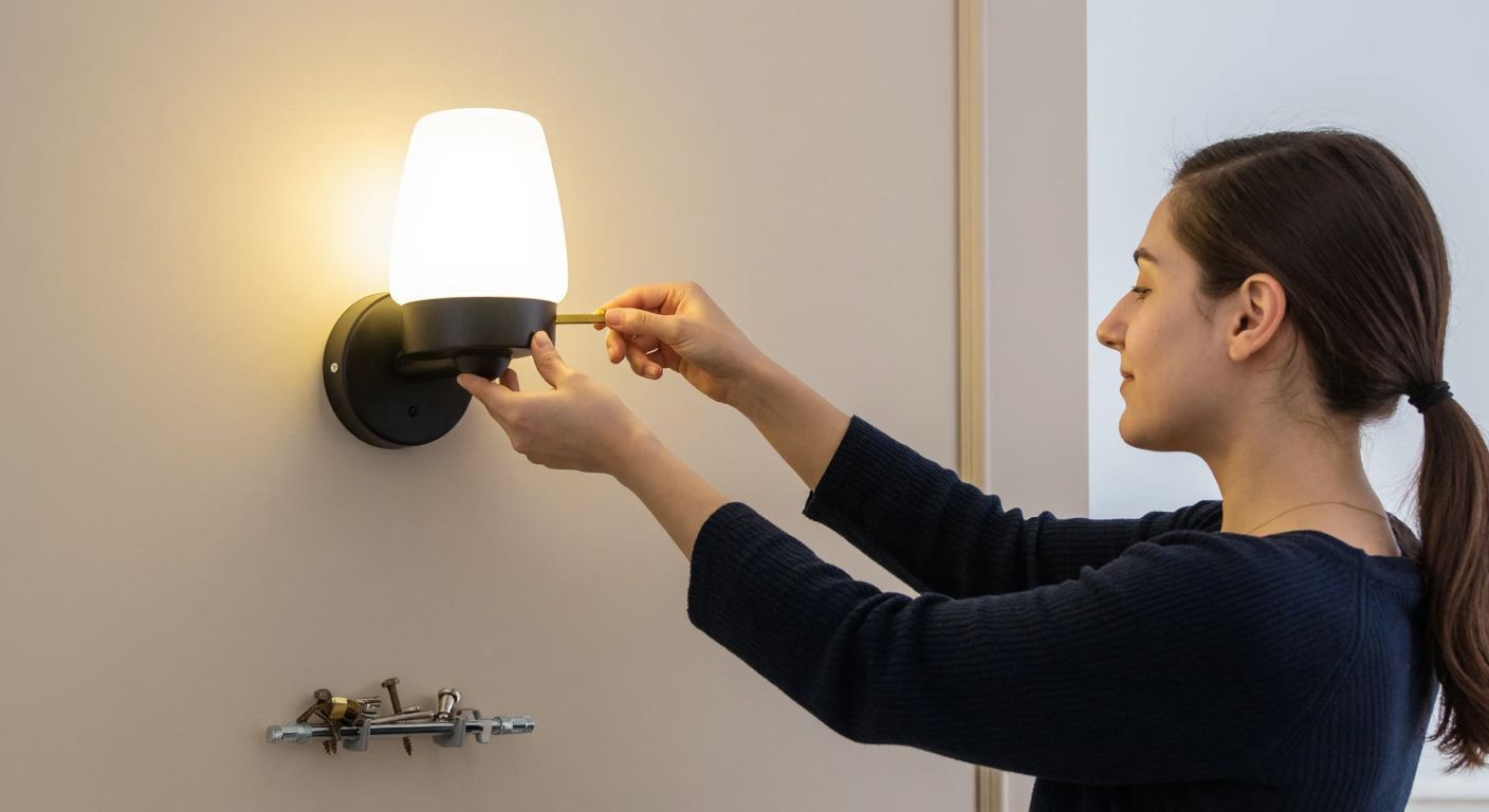A person in a cozy Turkish home carefully attaching a sleek, battery-powered wall lamp to a cream-colored wall, with a small pile of screws and a screwdriver nearby, their expression focused yet relaxed.