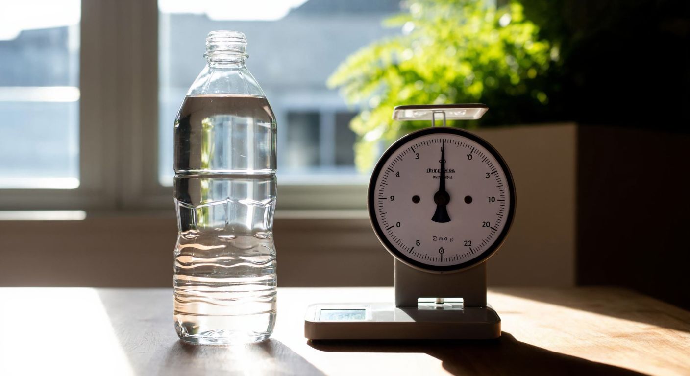 A clear plastic bottle filled with water sits on a wooden table, with a small kitchen scale beside it showing a weight of 20 grams, surrounded by soft morning light.