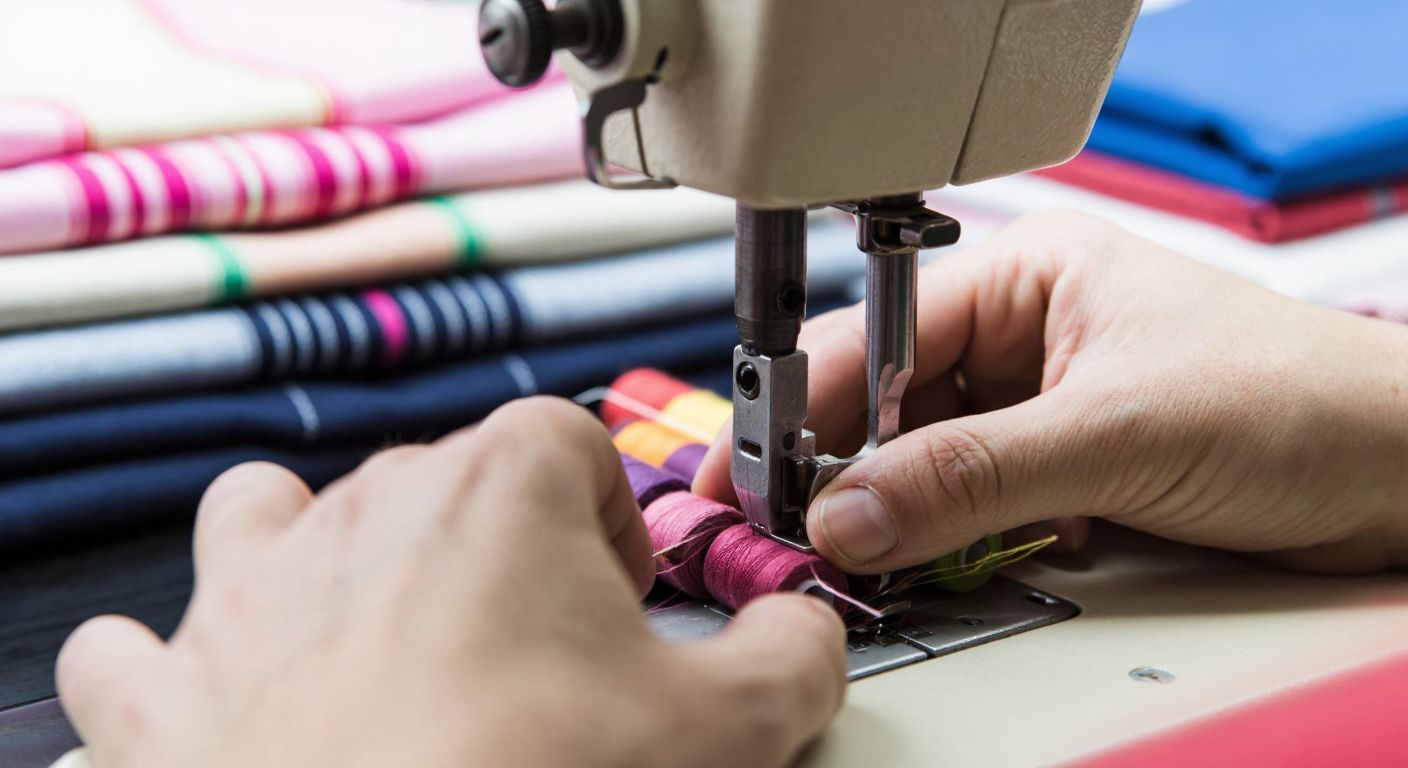 A close-up of a Turkish tailor's hands skillfully guiding colorful overlok threads through a sewing machine, with neatly folded fabrics in the background.