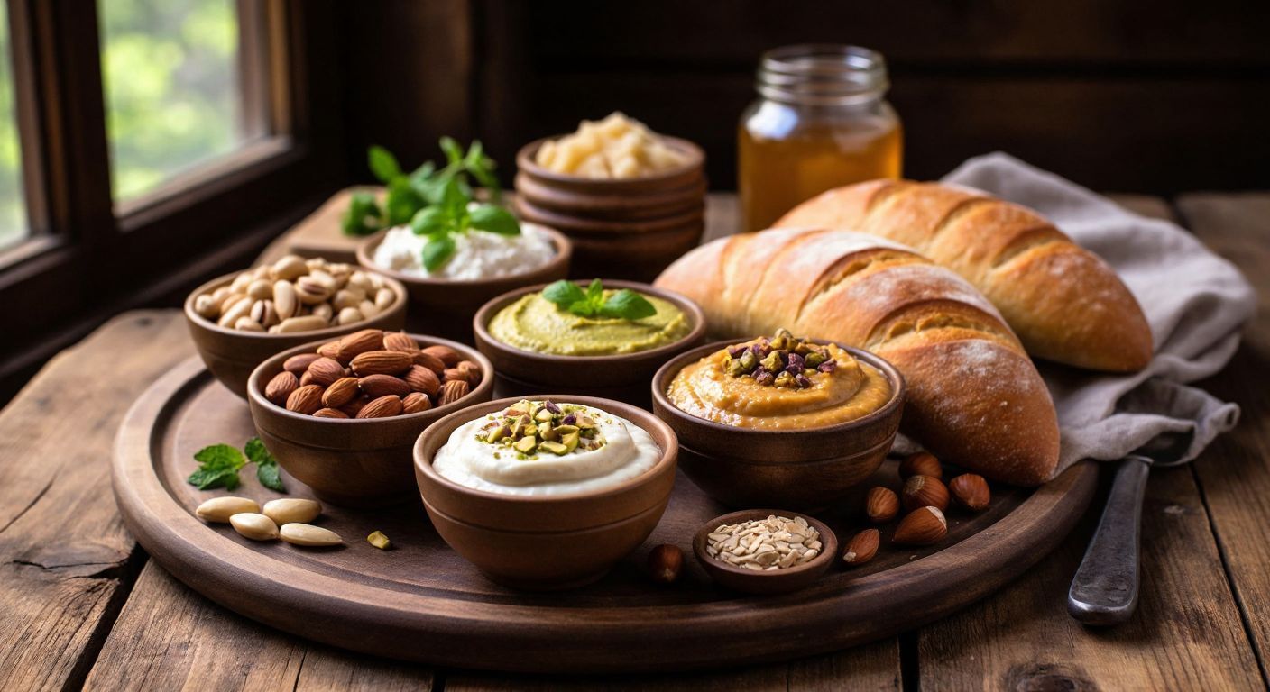 A rustic wooden table in a Turkish kitchen holds small bowls filled with creamy almond, pistachio, cashew, hazelnut, sunflower seed, coconut, and pea protein spreads, arranged neatly beside a warm loaf of bread and a honey jar.