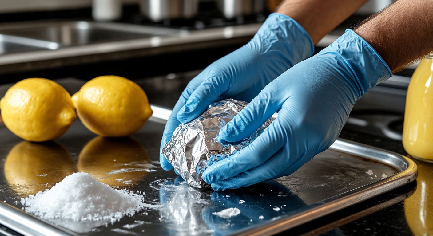 A close-up of gloved hands scrubbing a rusty chrome surface with a crumpled aluminum foil dipped in white vinegar, surrounded by a lemon, salt, baking soda, and a commercial chrome cleaner on a wooden table in a well-lit Turkish kitchen.