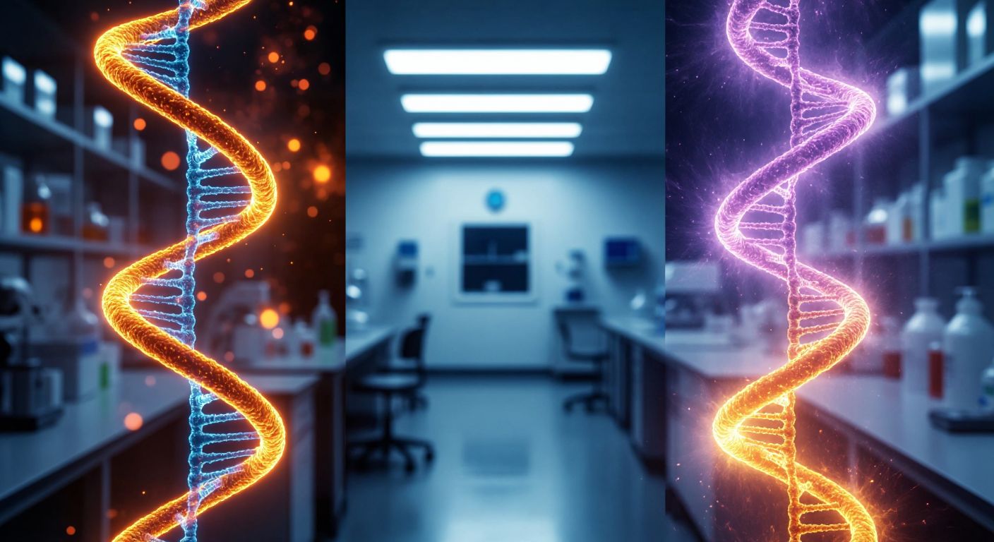 A split image showing a glowing DNA strand with microscopic errors on one side (internal factors) and environmental hazards like radiation waves and chemical spills on the other (external factors), set against a neutral laboratory backdrop.