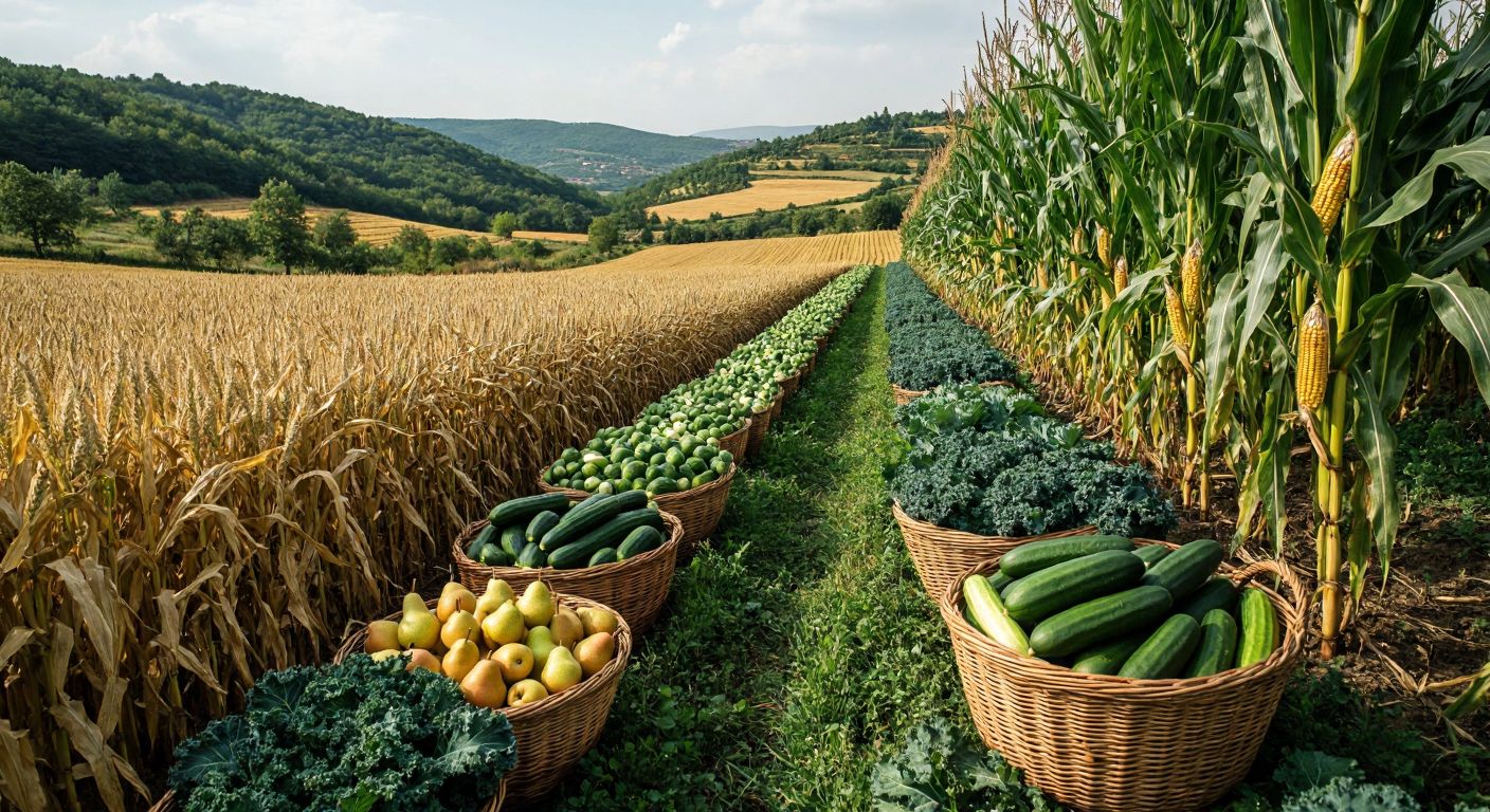 A lush green field in Zonguldak with golden wheat stalks, rows of corn, and clusters of hazelnut trees, surrounded by baskets overflowing with fresh cucumbers, pears, and dark green kale leaves.