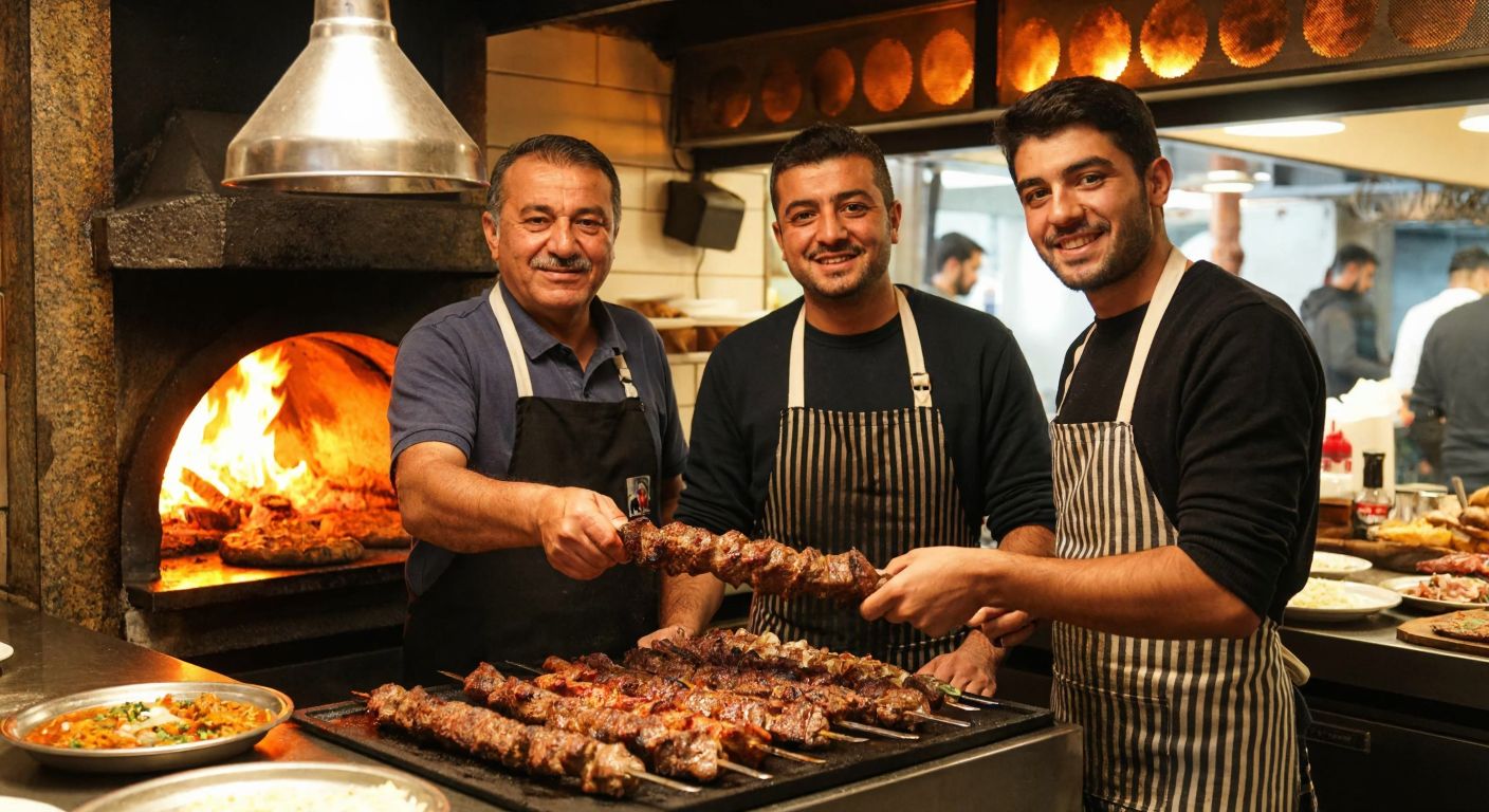 A bustling Turkish kebab restaurant with a warm, wood-fired oven glowing in the background, where a middle-aged man with a proud smile (Mehmet Aytekin) hands over a large skewer of sizzling kebabs to a younger man (Ercan Köse) in an apron, symbolizing the transition of ownership.