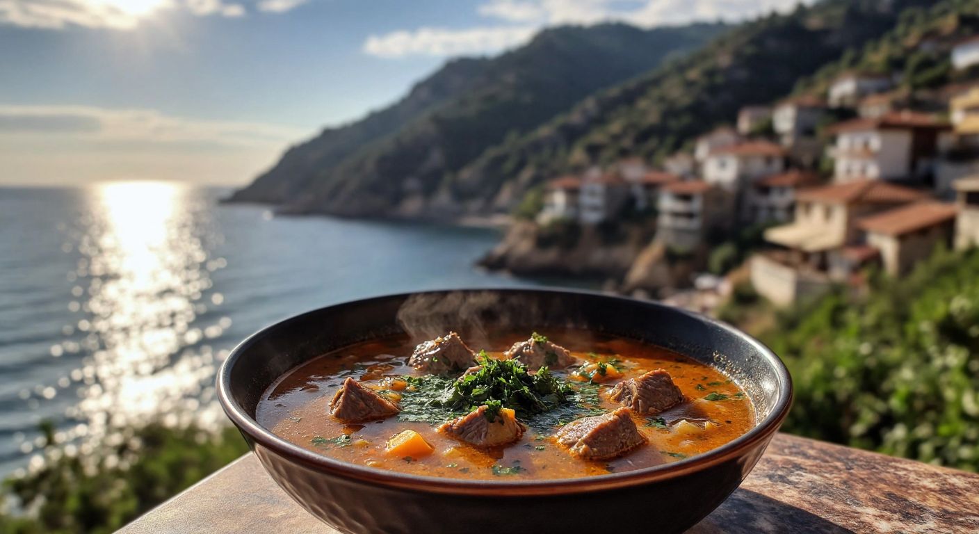 A steaming bowl of **gülük çorbası** with tender lamb pieces and fresh herbs, set against a sunlit backdrop of Alanya’s coastal cliffs and traditional stone houses.