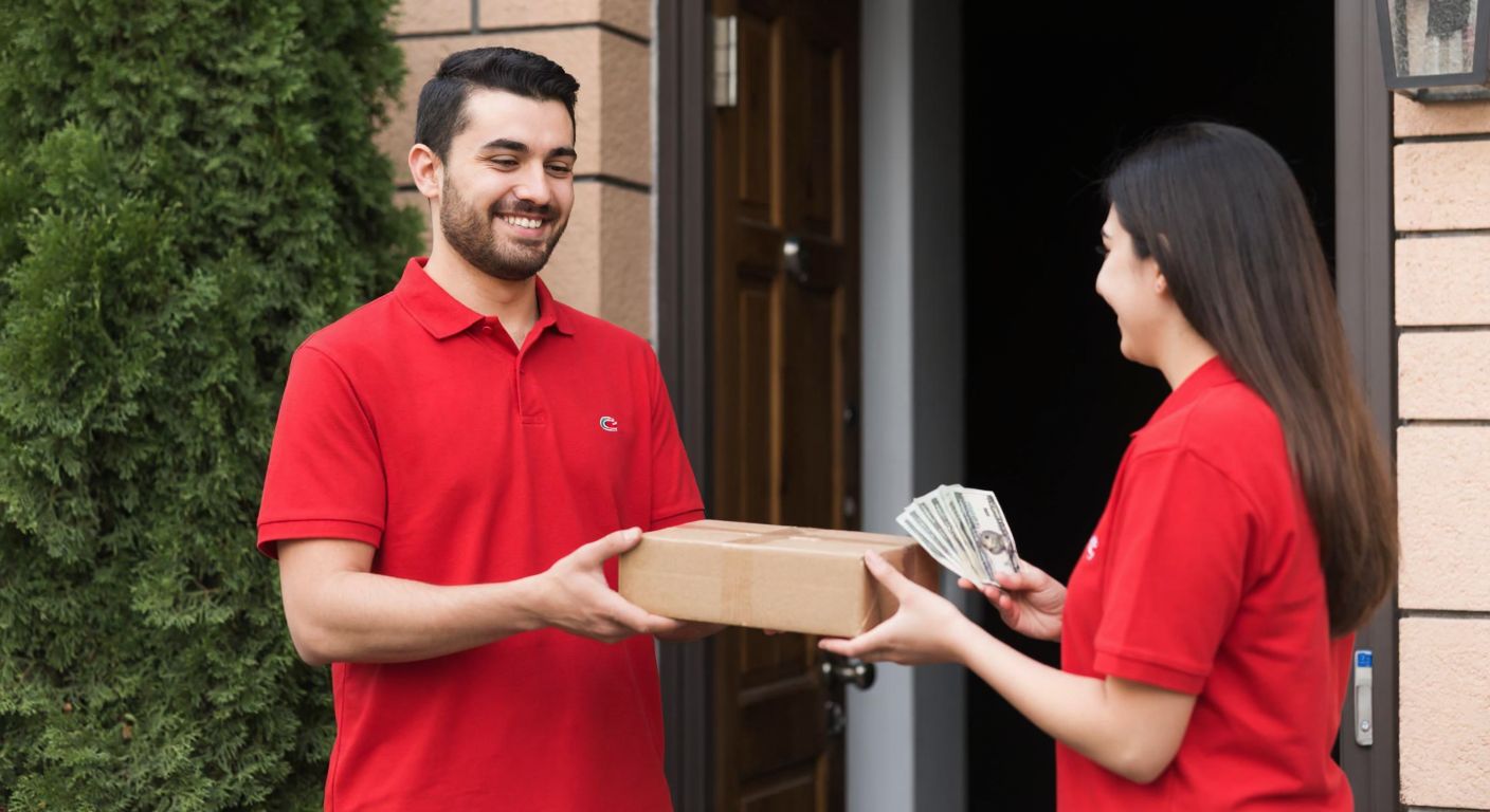 A smiling Turkish courier in a red uniform hands a package to a relieved customer at their doorstep, with a small stack of cash visible in the customer's hand.