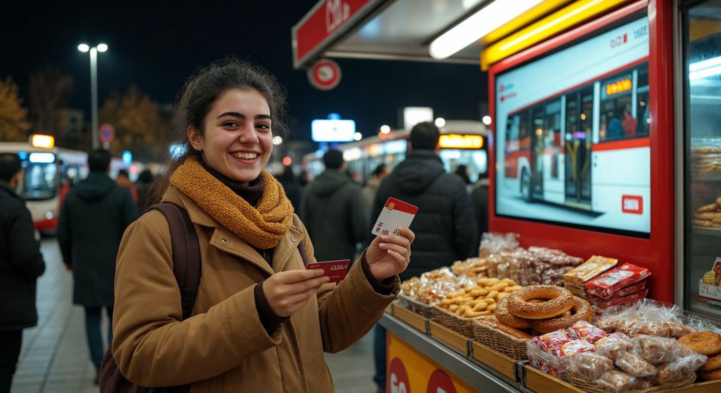 A smiling person in a bustling Turkish bus station holds a credit card while gesturing toward a digital kiosk displaying a bus route, with a colorful array of local snacks like simit and çay visible on a nearby vendor's cart.