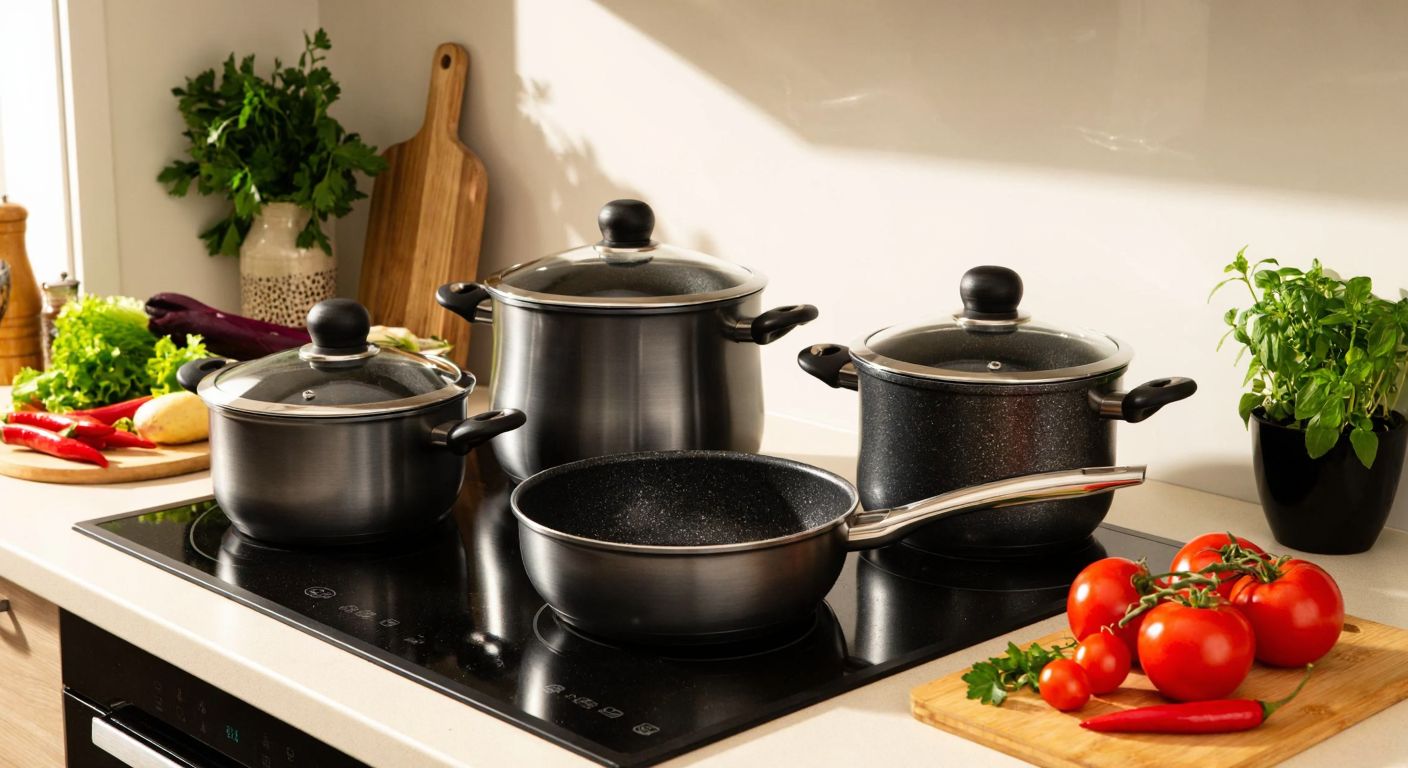 A gleaming stainless steel pressure cooker and a set of granite-coated pots with a non-stick surface sit on a modern stovetop in a sunlit Turkish kitchen, surrounded by fresh vegetables and herbs.