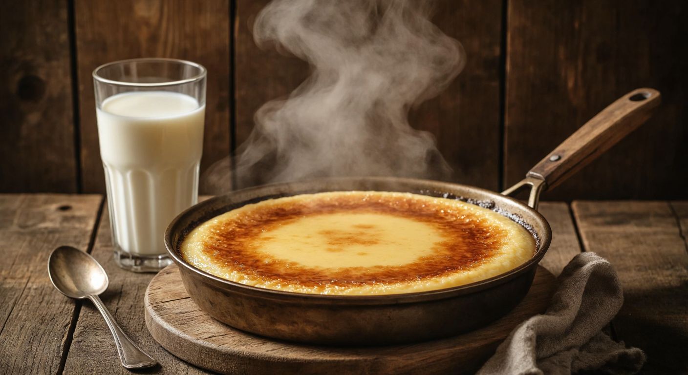 A warm, golden-brown pan of süt helvası sits on a rustic wooden table, with a glass of fresh inek sütü (cow's milk) beside it, steam gently rising from the dessert, evoking a cozy Turkish kitchen.