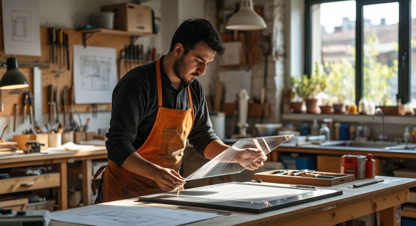 A focused Turkish artisan carefully examining a transparent plexiglass sheet in a well-lit workshop, surrounded by various cutting tools and design sketches.