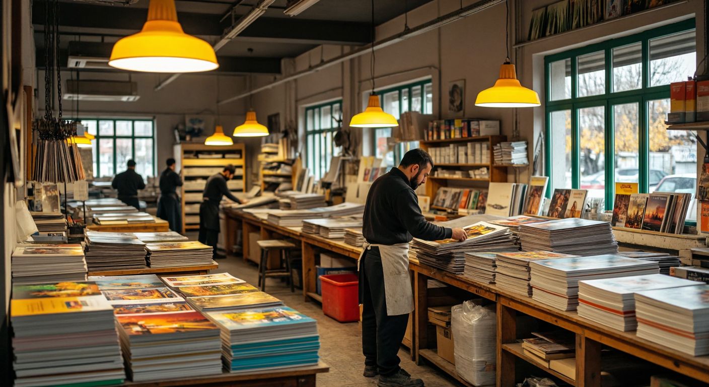 A bustling print shop in Konya with workers operating large printing presses, stacks of colorful brochures and calendars on wooden tables, and a craftsman carefully arranging promotional magnets and notebooks under warm yellow lighting.