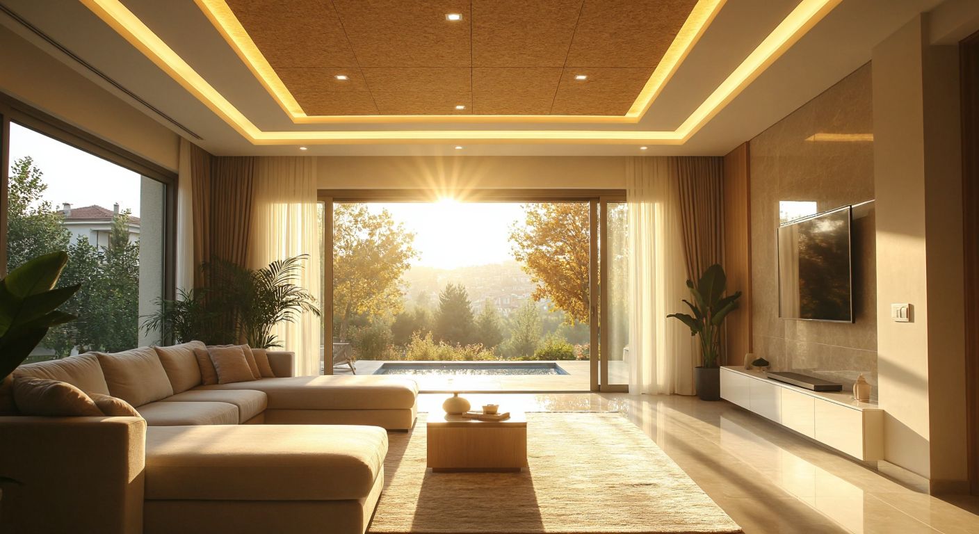 A well-lit modern Turkish home interior with a pristine stone wool suspended ceiling, a hand gently wiping dust off its smooth surface, and sunlight streaming through a nearby window, evoking durability and care.