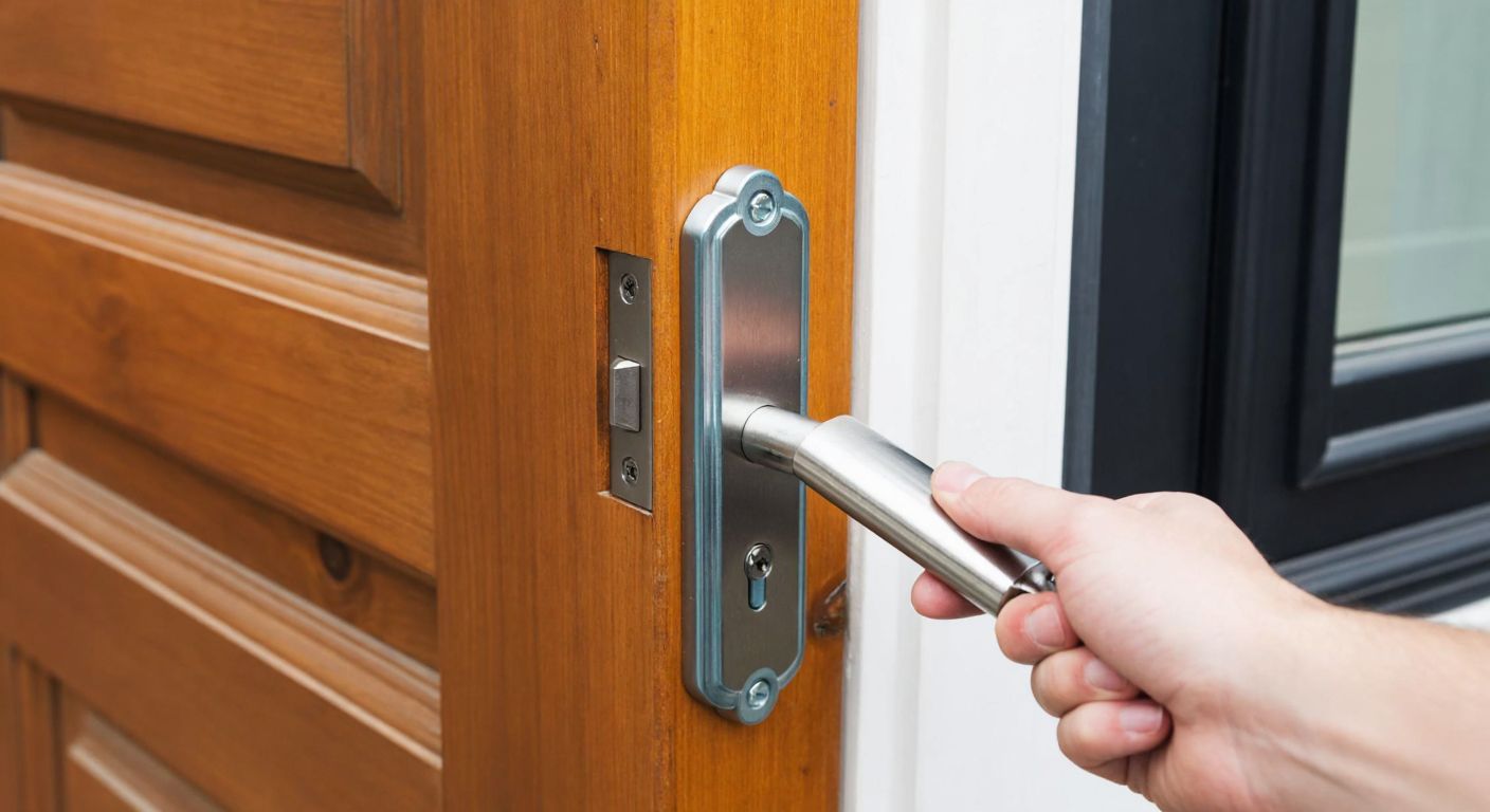 A close-up of a sturdy 45 mm door lock being held by a hand against the backdrop of a wooden door and a metal door frame in a Turkish home setting.