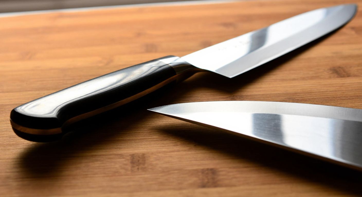 A gleaming stainless steel knife with an ergonomic handle rests on a wooden table beside a carbon steel knife, both reflecting light to emphasize durability and sharpness.