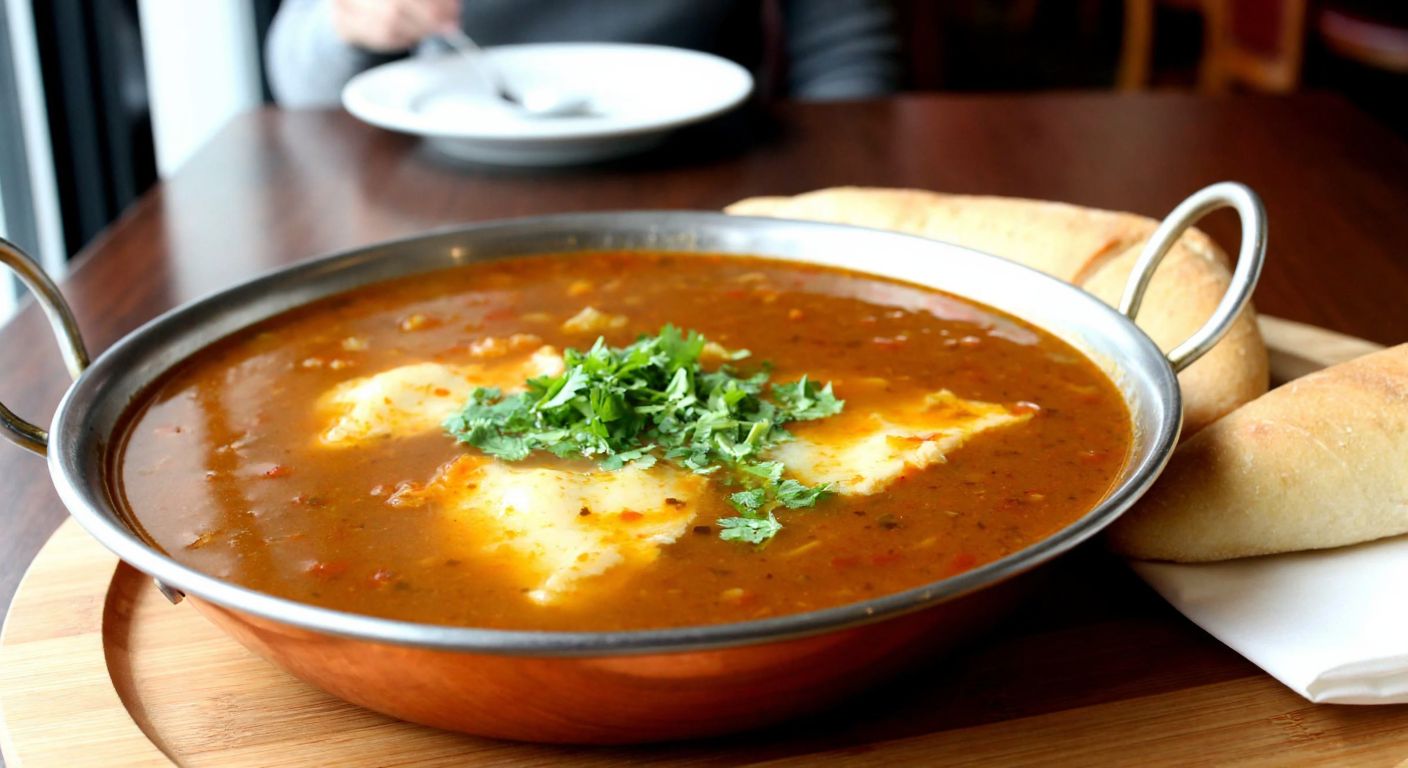 A steaming bowl of rich, golden-brown paça çorbası sits on a wooden table in a cozy Turkish restaurant, with fresh parsley sprinkled on top and warm bread beside it.