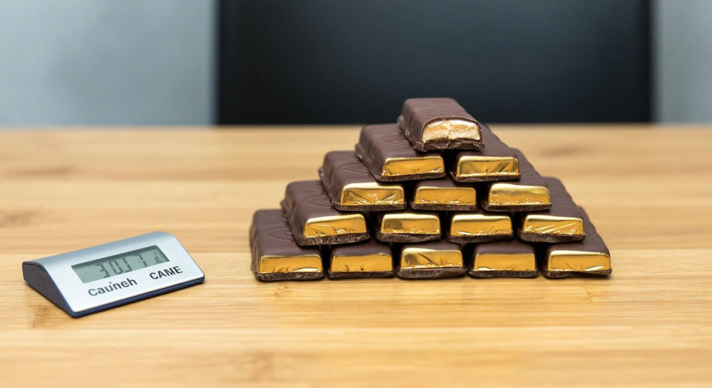 A neatly stacked pile of 24 small, golden-wrapped Halley chocolate bars on a wooden table in a Turkish café, with a small scale showing 30 grams beside them.