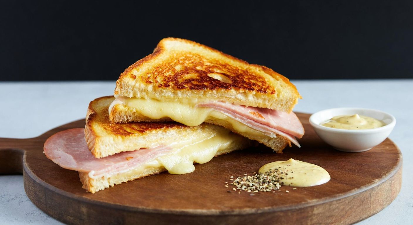 A golden-brown toasted sandwich oozing melted Gruyère cheese, layered with thinly sliced ham, on a rustic wooden cutting board beside a small bowl of Dijon mustard and a sprinkle of nutmeg.