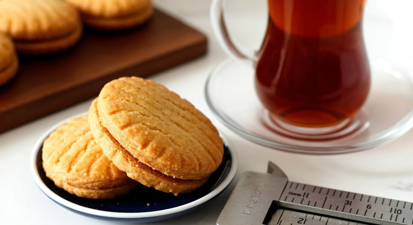 A close-up of a golden-brown Burçak biscuit on a small plate, with a measuring scale beside it and a warm Turkish tea in the background, evoking a cozy snack-time moment.