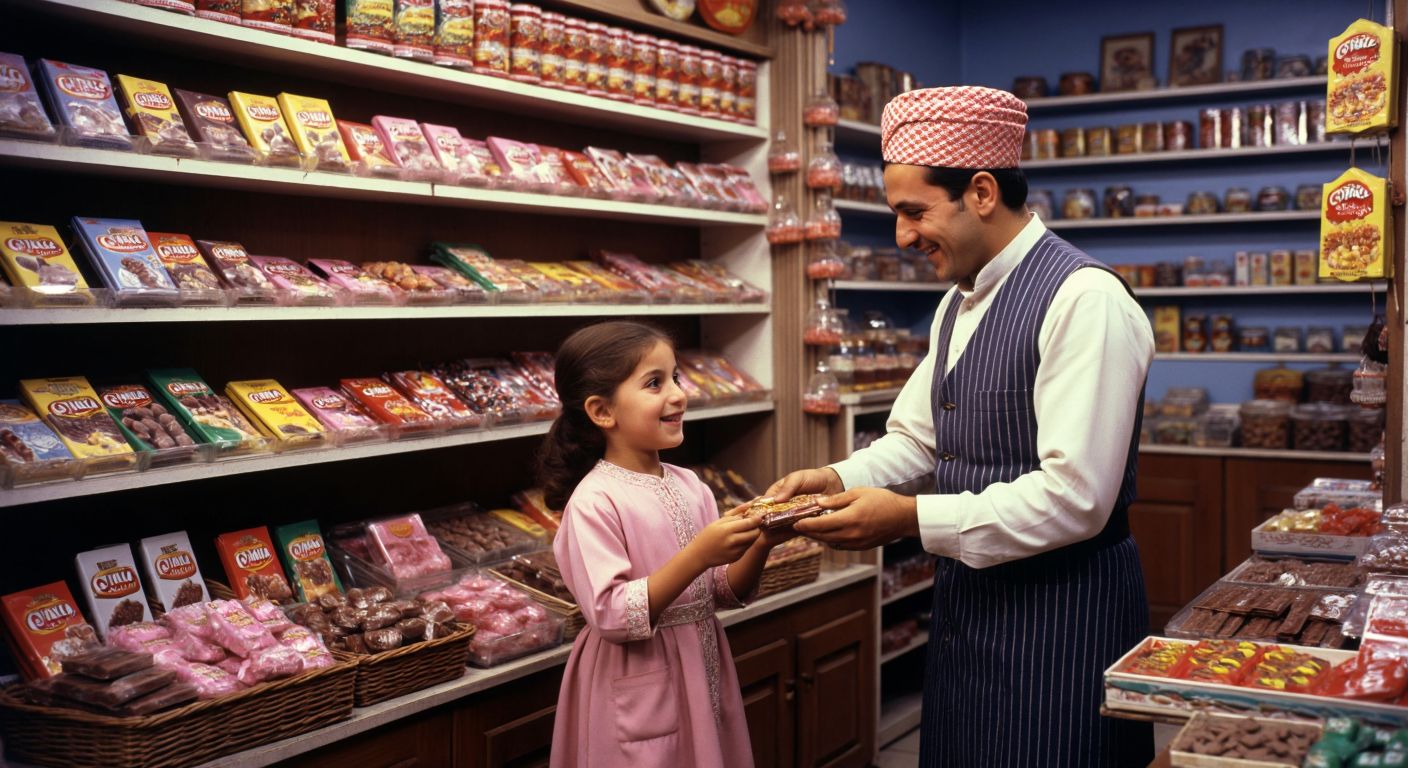 A nostalgic scene of a small Turkish candy shop in the 1980s, with shelves lined with colorful Cino chocolate bars and a smiling shopkeeper in traditional attire handing one to a delighted child.