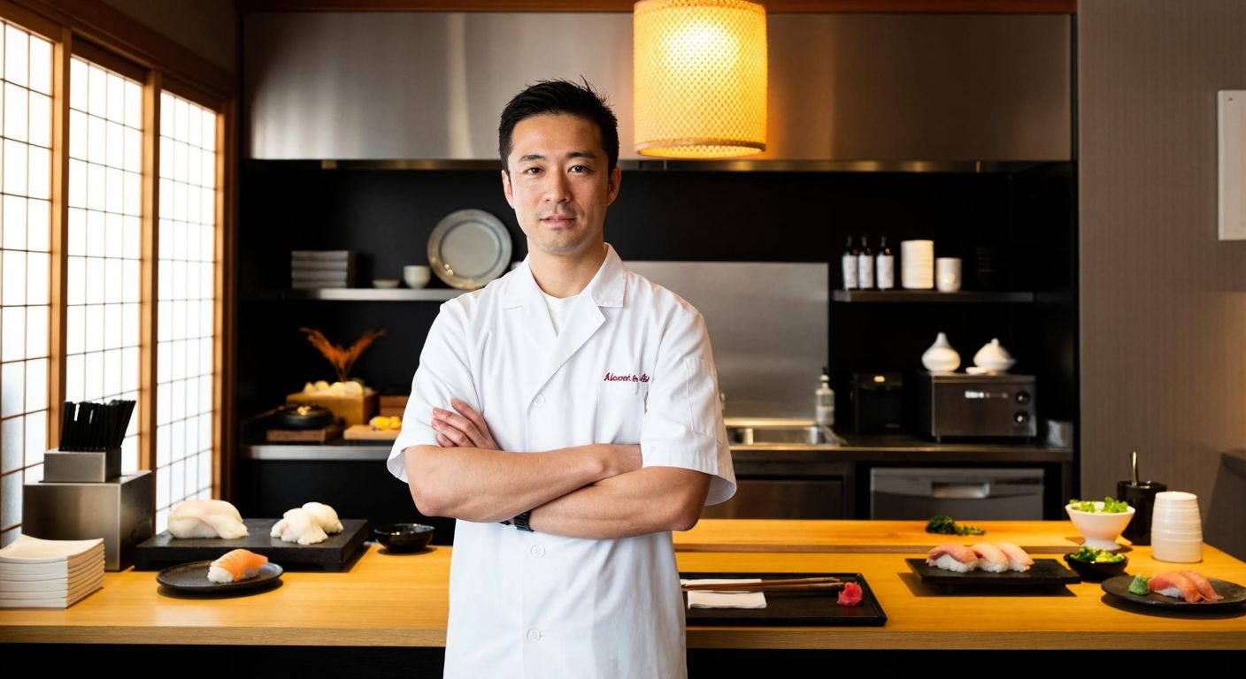 A distinguished Japanese chef in a crisp white uniform stands proudly in a sleek, high-end restaurant kitchen, surrounded by fresh sushi ingredients and traditional Japanese decor.