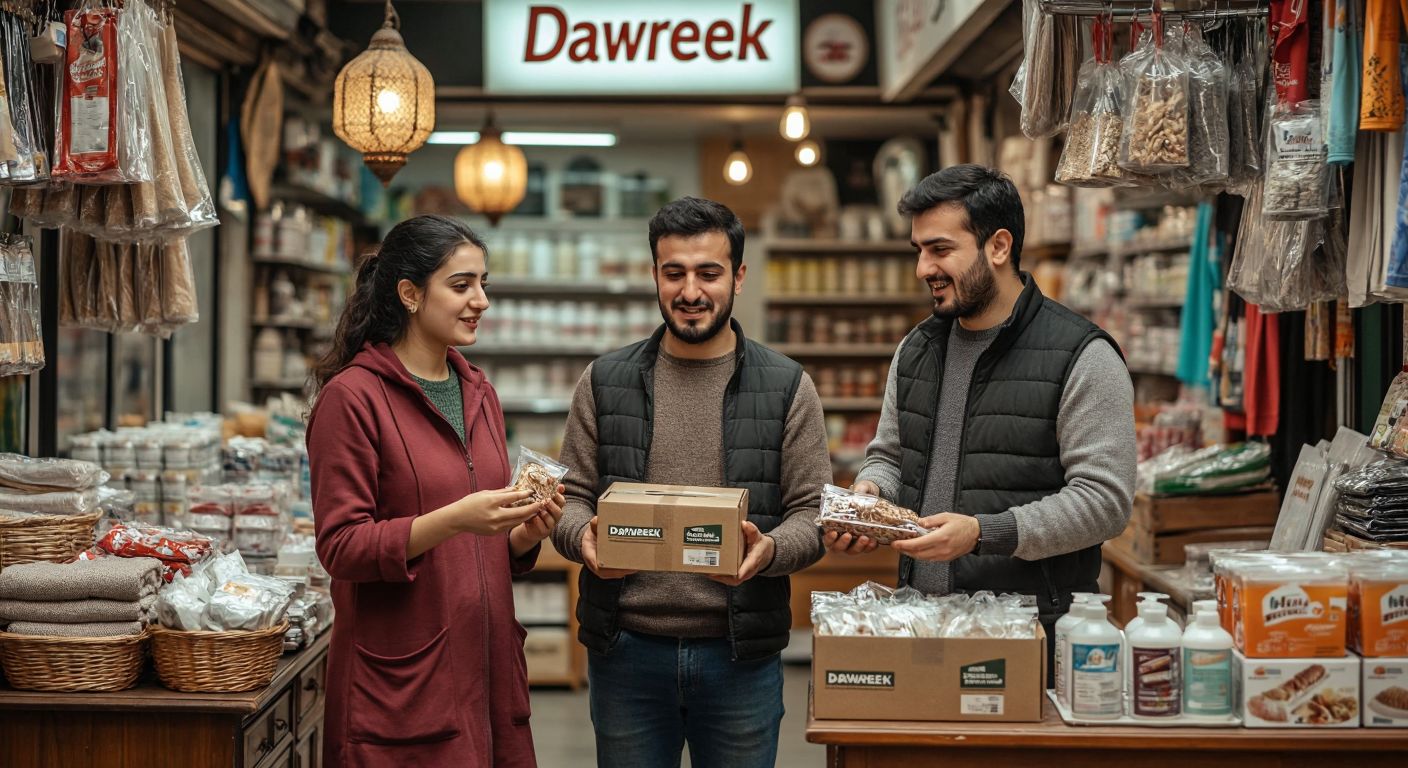 A Turkish marketplace scene with a customer thoughtfully examining a Dawreek-branded product while two shopkeepers—one smiling and holding a similar item, the other frowning and gesturing to a returned package—stand behind a counter filled with various household goods.