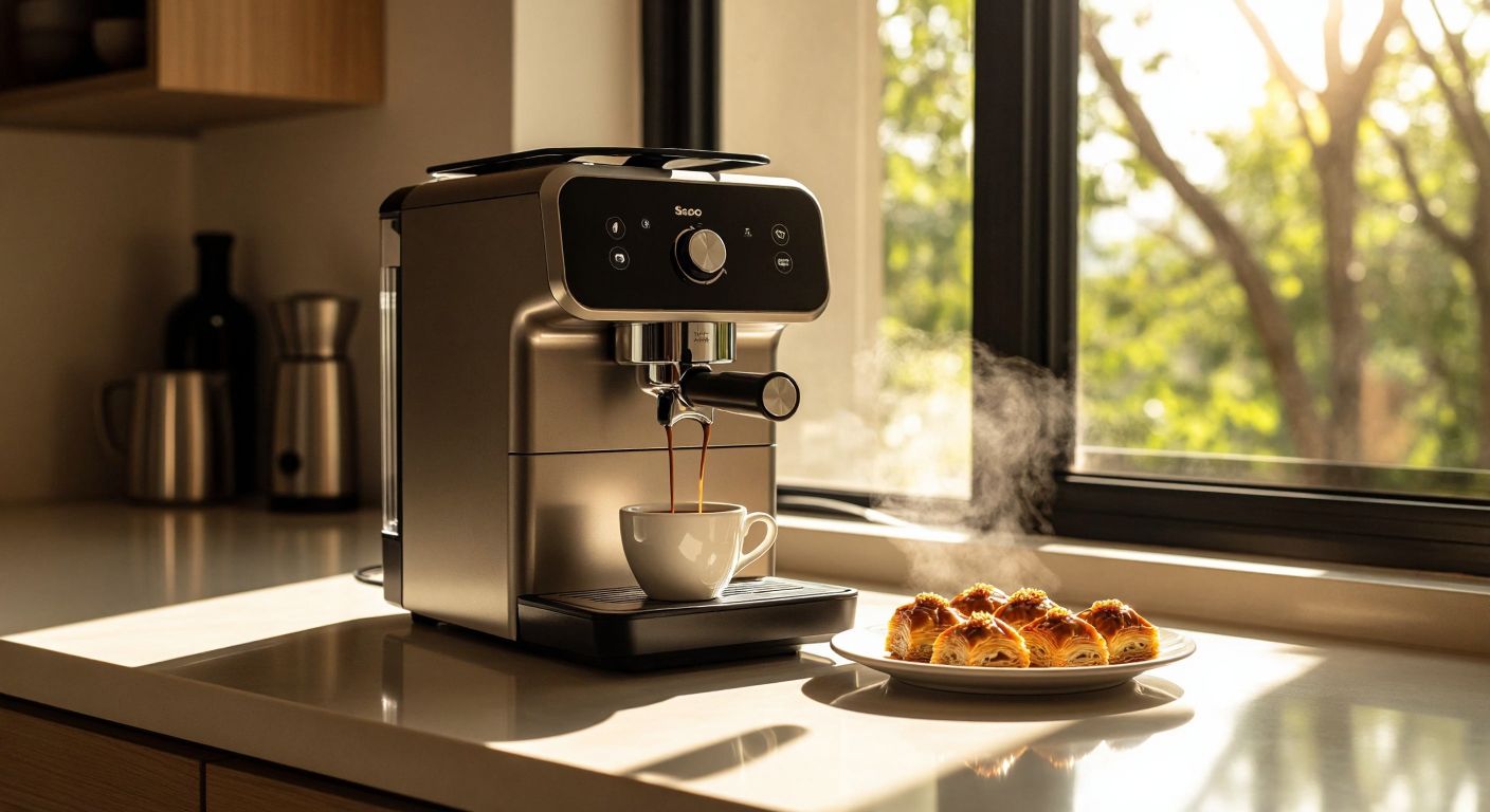 A sleek Saeco coffee machine sits on a Turkish kitchen counter, steam rising from a freshly brewed cup of espresso beside a small plate of baklava, with warm morning sunlight streaming through the window.