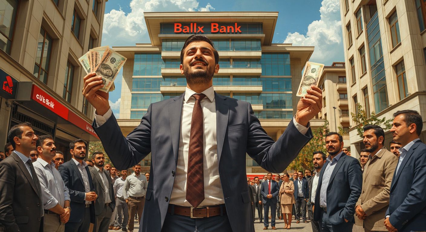 A Turkish man in a suit stands confidently in front of a modern bank building, holding a crisp new 500-lira banknote with a hopeful expression, while a crowd of curious onlookers watches from a bustling Ankara street.