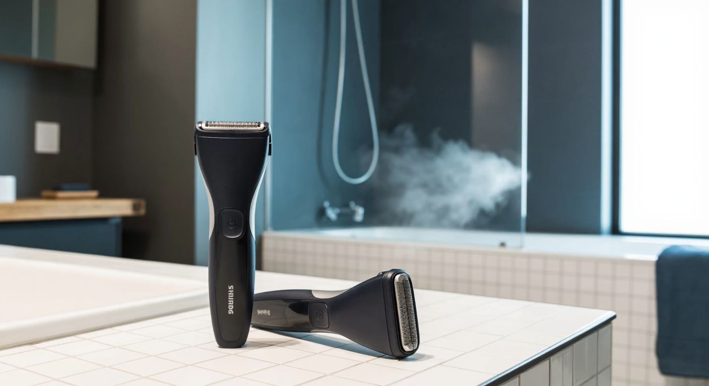 A modern bathroom with a sleek Philips Bodygroom Series 3000 resting on a tiled countertop, steam rising from a warm shower in the background, conveying convenience and versatility.