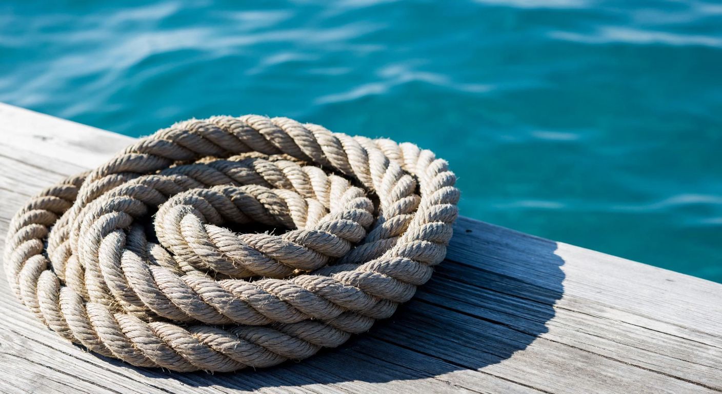 A thick, coiled hemp rope resting on a wooden dock by the turquoise waters of the Aegean, its fibrous strands gleaming under the sun, symbolizing strength and durability.