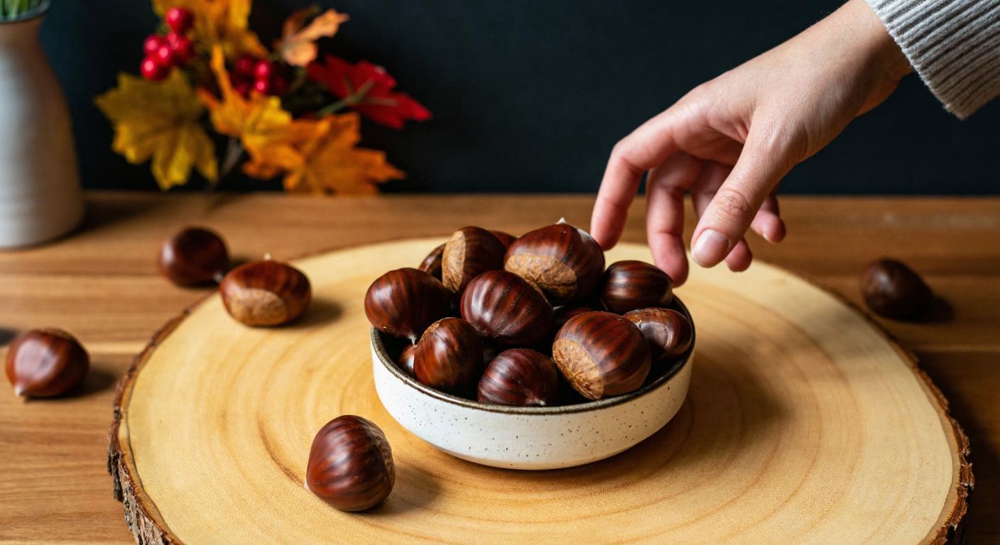 A small bowl of roasted chestnuts on a wooden table, with a hand reaching to take one, set against a warm autumn backdrop in a cozy Turkish home.