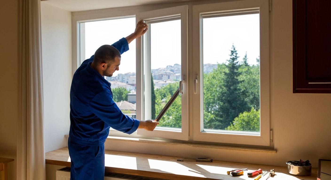 A Turkish handyman in a blue work uniform carefully adjusts the mechanism of a double-opening window in a sunlit room, with tools scattered on a wooden table nearby.