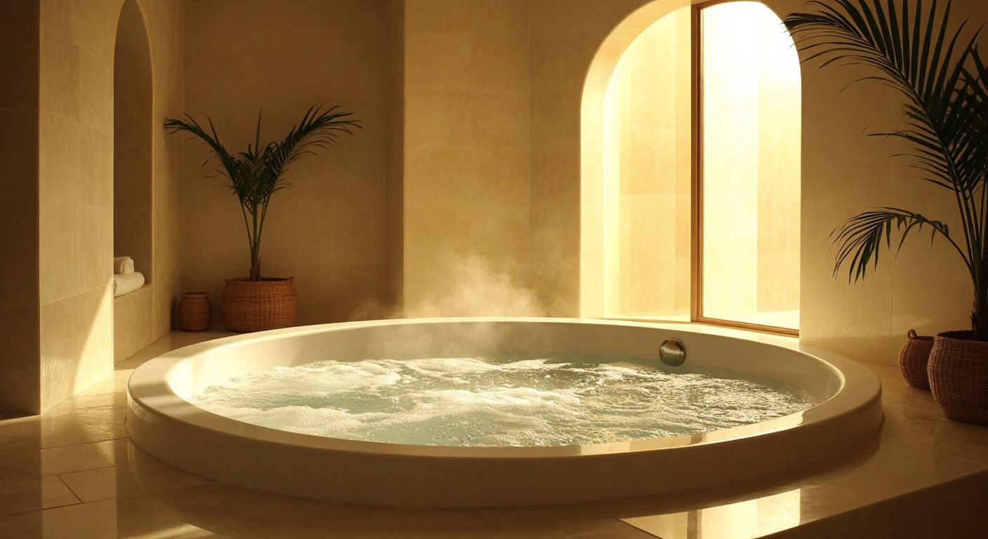 A serene Turkish bathroom scene with a sleek white jacuzzi bubbling with warm water beside a simple, smooth-edged bathtub, both under soft golden lighting.