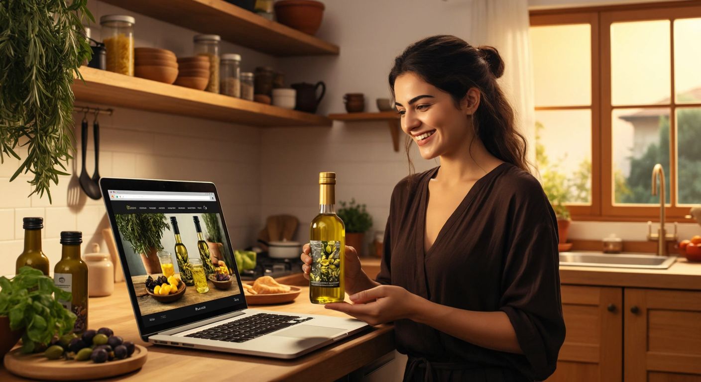 A smiling Turkish woman in a cozy home kitchen holds a golden bottle of olive oil while browsing a laptop screen displaying a vibrant e-commerce page with olive oil products.