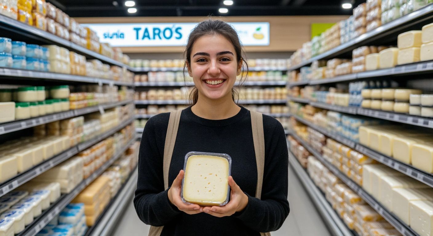 A cheerful Turkish shopper in a bright A101 supermarket aisle holds a package of Tarabya kaşar cheese with a satisfied smile, surrounded by neatly stacked dairy products.