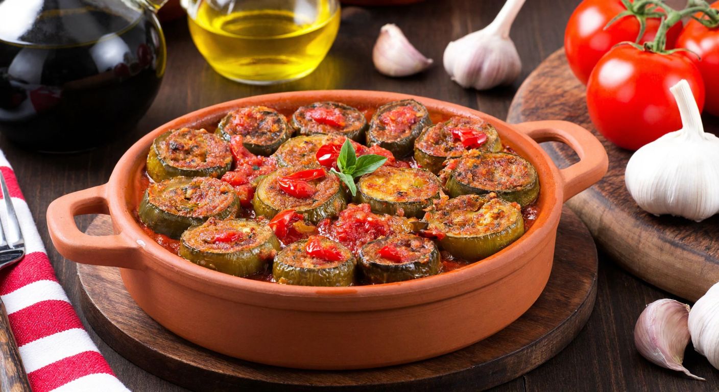 A rustic Turkish kitchen with a steaming clay pot of golden-brown fried eggplants and green peppers, topped with a vibrant red tomato-garlic sauce, surrounded by fresh ingredients like olive oil, garlic, and tomatoes on a wooden table.