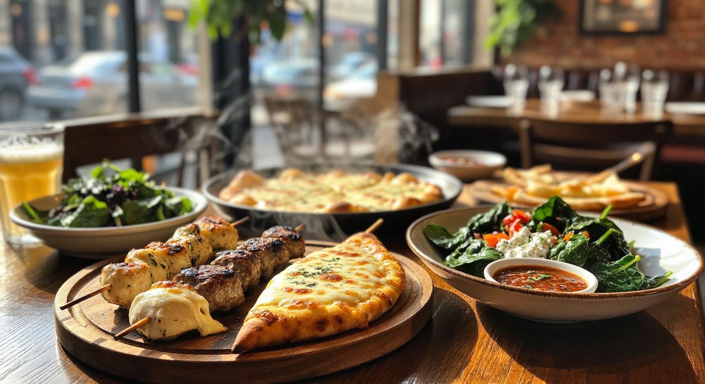 A cozy Batumi restaurant table set with steaming hot khachapuri oozing melted cheese, sizzling shashlik skewers, a bowl of spinach salad with yogurt, fried sulguni cheese, and a small dish of tangy tkemali sauce, all under warm golden lighting.