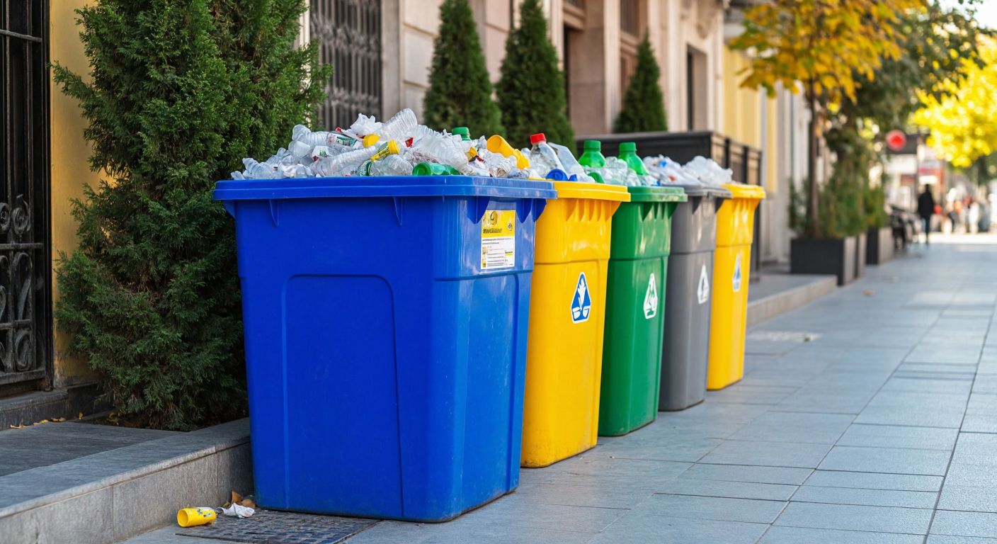 A row of brightly colored recycling bins—blue filled with crumpled paper, green with glass bottles, yellow with plastic containers, and gray with metal cans—sits on a sunny Istanbul sidewalk, emphasizing organized waste separation.