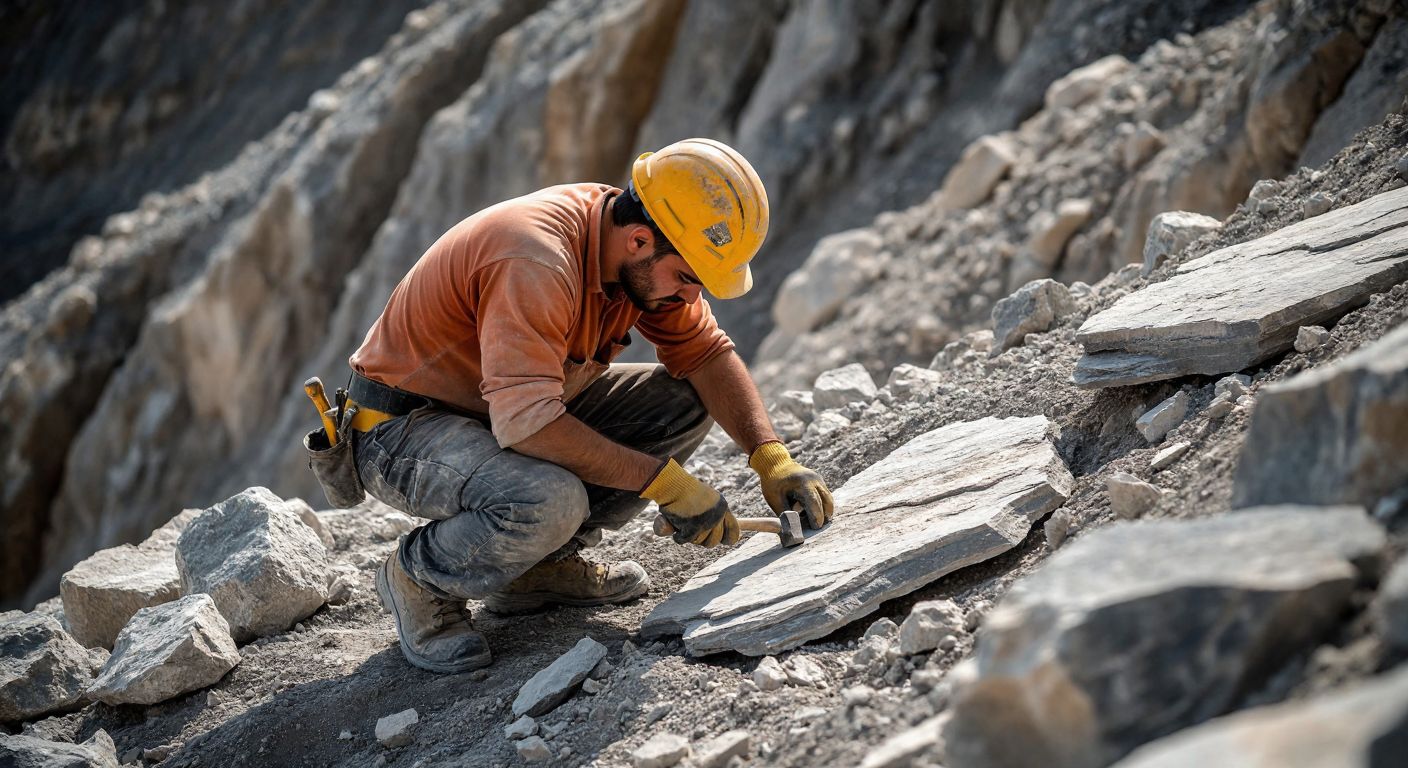 A Turkish construction worker in a hard hat kneels on a rugged stone ground, carefully examining layers of rock with a geologist's hammer, while a gradient of stone textures—from solid, jagged boulders (ZA) to crumbly, loose gravel (ZE)—spreads out behind him under a bright sun.