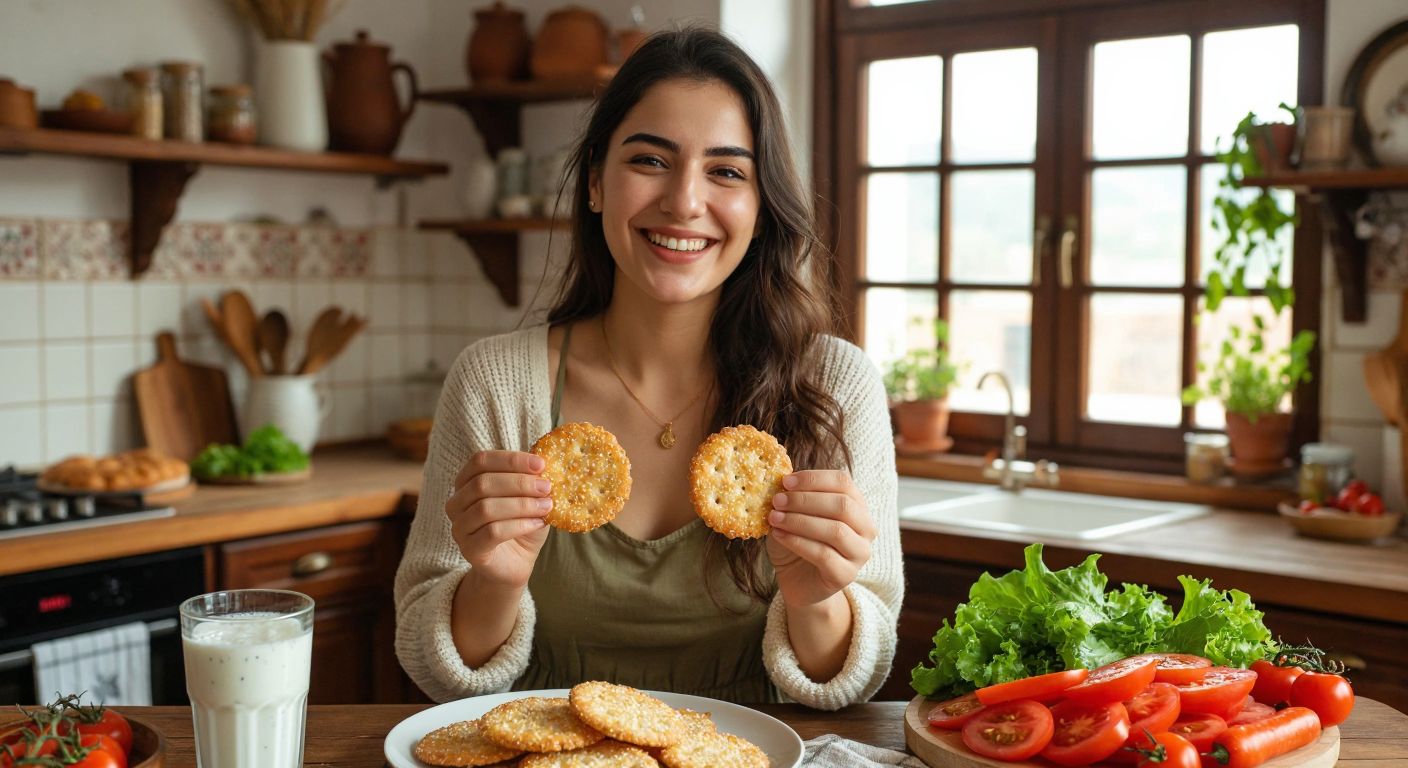 A Turkish woman in a cozy kitchen smiles while holding two crisp, golden-brown etimek crackers next to a plate of fresh vegetables and a glass of ayran.