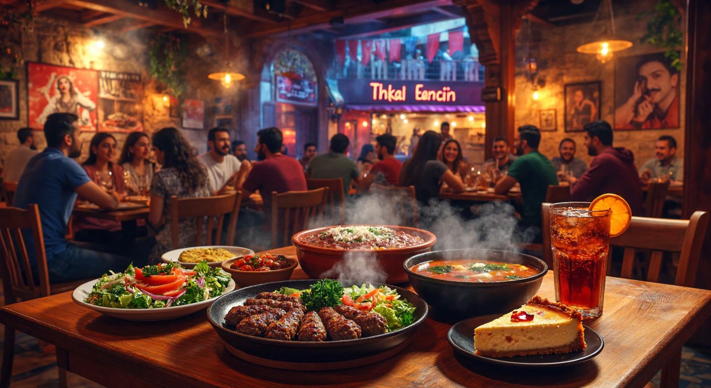 A lively Turkish restaurant scene with a wooden table set with a steaming bowl of soup, a colorful salad, juicy köfte, a slice of citrus cheesecake, and a fizzy drink, surrounded by laughing diners in a warm, dimly lit space with theatrical posters on the walls.