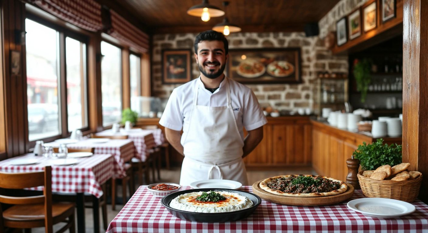 A cozy, traditional Turkish restaurant in Bingöl with a warm wooden interior, a steaming plate of katık (yogurt-based dish) on a checkered tablecloth, and a smiling waiter in a white apron standing nearby.