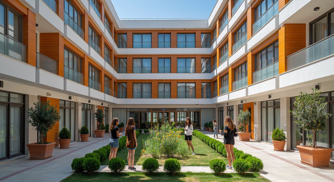 A modern, multi-story dormitory building in Turkey with neatly arranged windows, young female students chatting in a sunny courtyard, and a signless entrance framed by potted plants.
