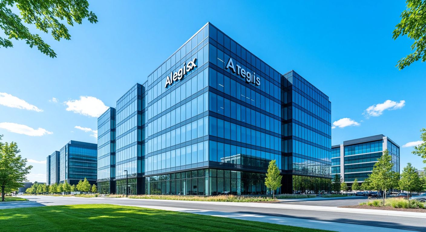 A sleek, modern office building with the Allegis Group logo subtly embedded in its glass facade, surrounded by smaller interconnected buildings representing Aerotek and its sister companies like TEKsystems and Aston Carter, under a bright blue sky.