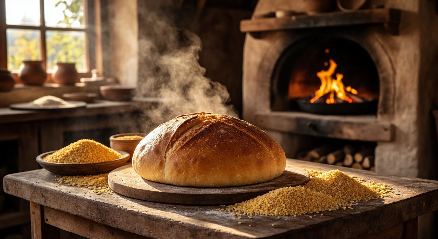 A rustic wooden table in a sunlit village kitchen holds a golden-brown loaf of **pireşe** bread, its crust cracked and steaming slightly, surrounded by a scattering of cornmeal and a traditional Turkish clay oven glowing warmly in the background.