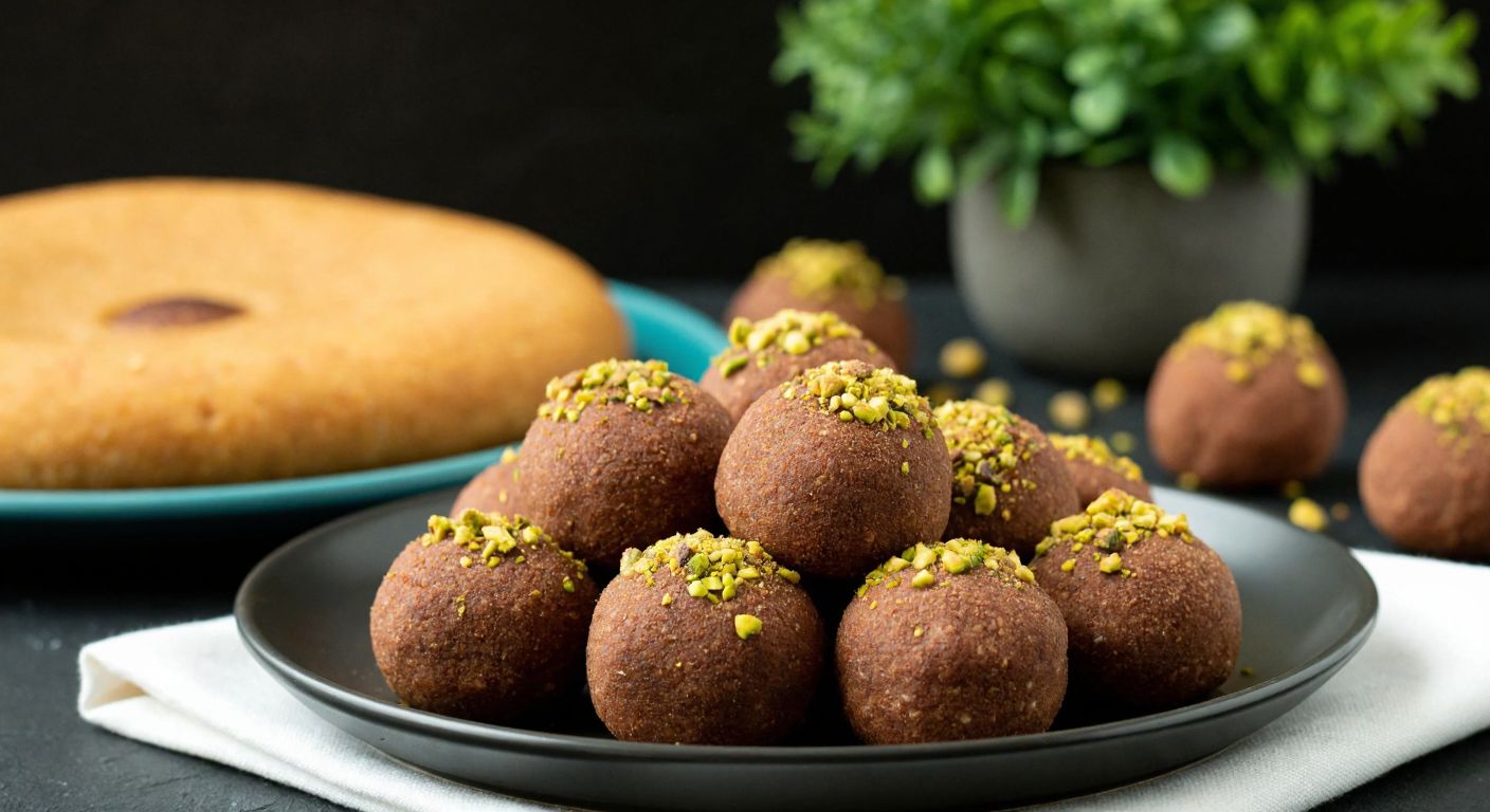 A golden-brown, flattened meatball filled with spiced minced meat sits beside a plate of round, cocoa-dusted biscuit balls sprinkled with crushed pistachios, evoking the contrast between savory and sweet Turkish treats.