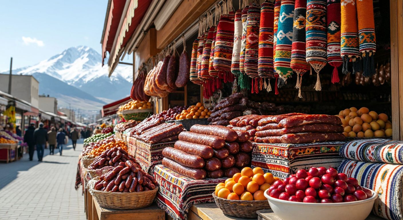 A vibrant market stall in Kayseri displays neatly stacked pastırma and sucuk, handwoven Yahyalı carpets, colorful Soğanlı cloth dolls, and a bowl of fresh gilaburu fruit, with the snow-capped Erciyes Mountain faintly visible in the background.