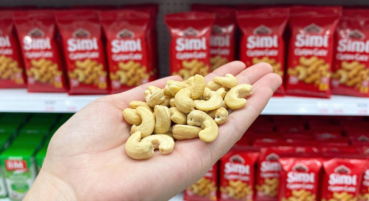 A hand holding a small pile of mixed-quality cashews—some plump and golden, others shriveled or with tiny holes—against the backdrop of a BİM store shelf filled with Simbat-branded snack packages.